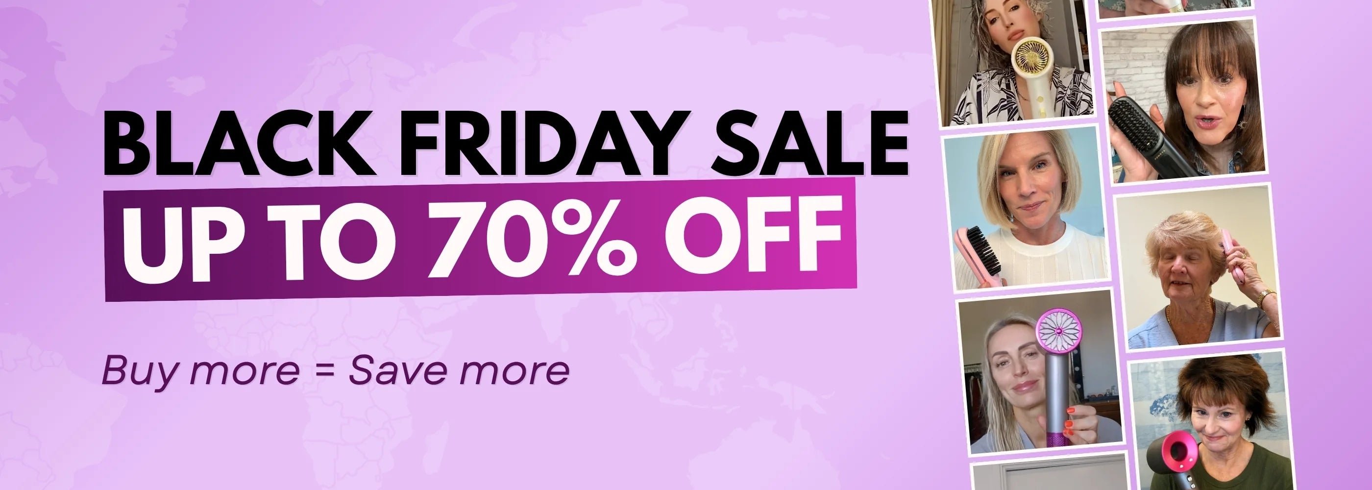 Black Friday sale banner with promotional text and images on a purple background